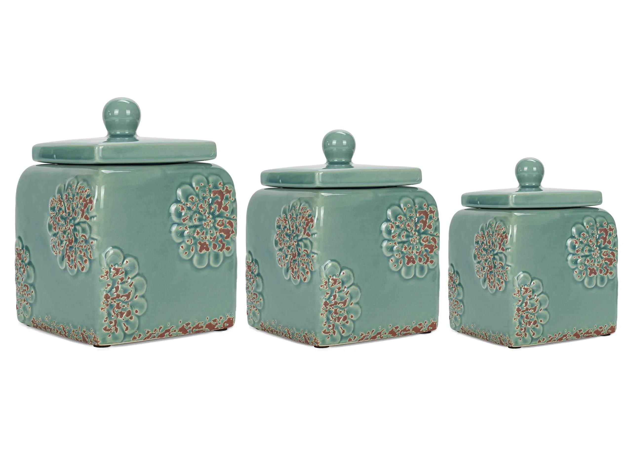 Floral Blue 10, 9, 8 inch Ceramic Food Storage Canisters Set of 3