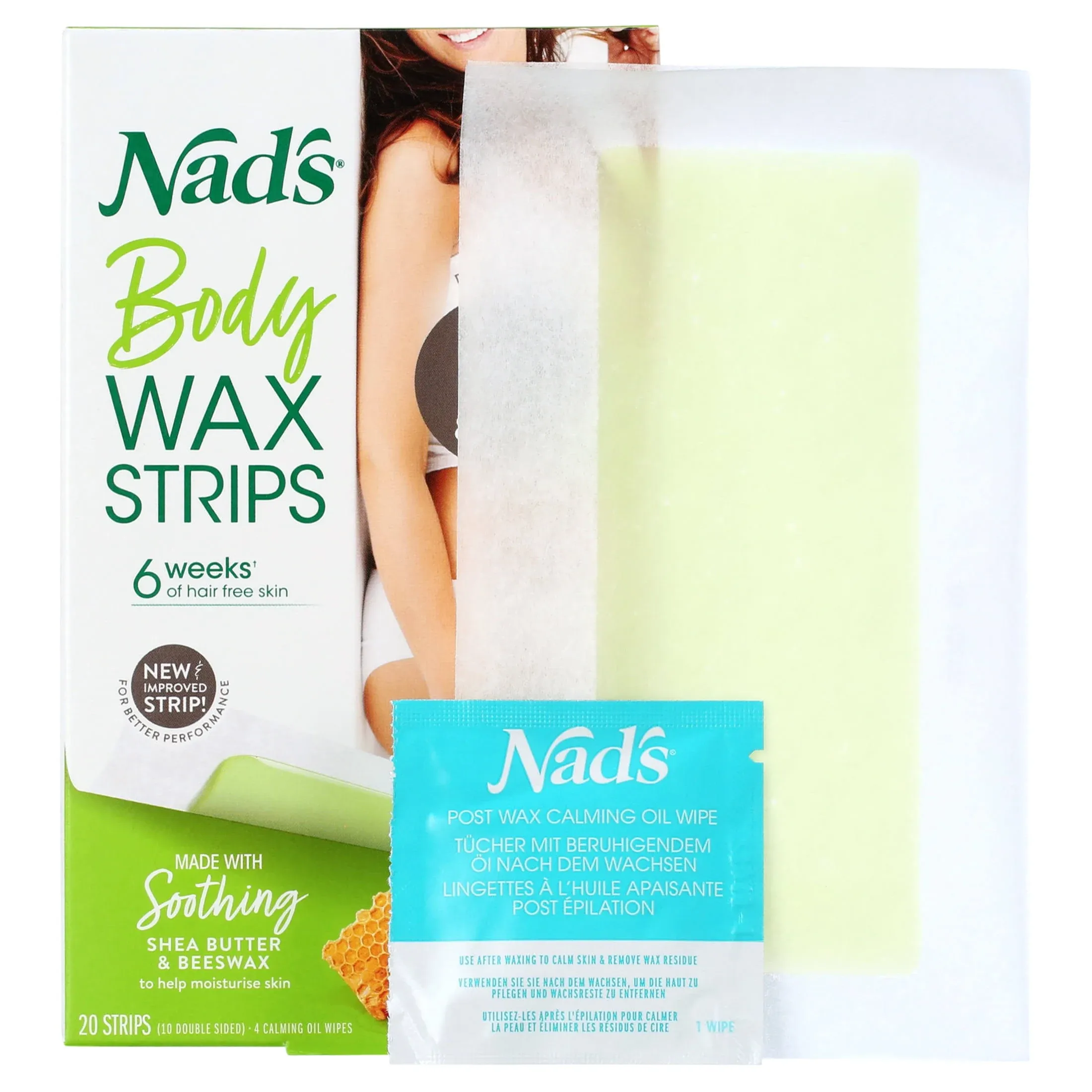 Nad's Body Wax Strips, Body Hair Removal for Women with Bonus Oil Wipes, 20 Count