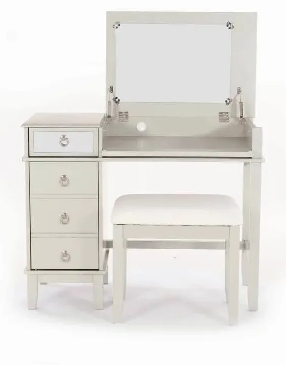 Linon Home Decor Eva Silver with Mirror Accents Vanity Set with Upholstered Stool