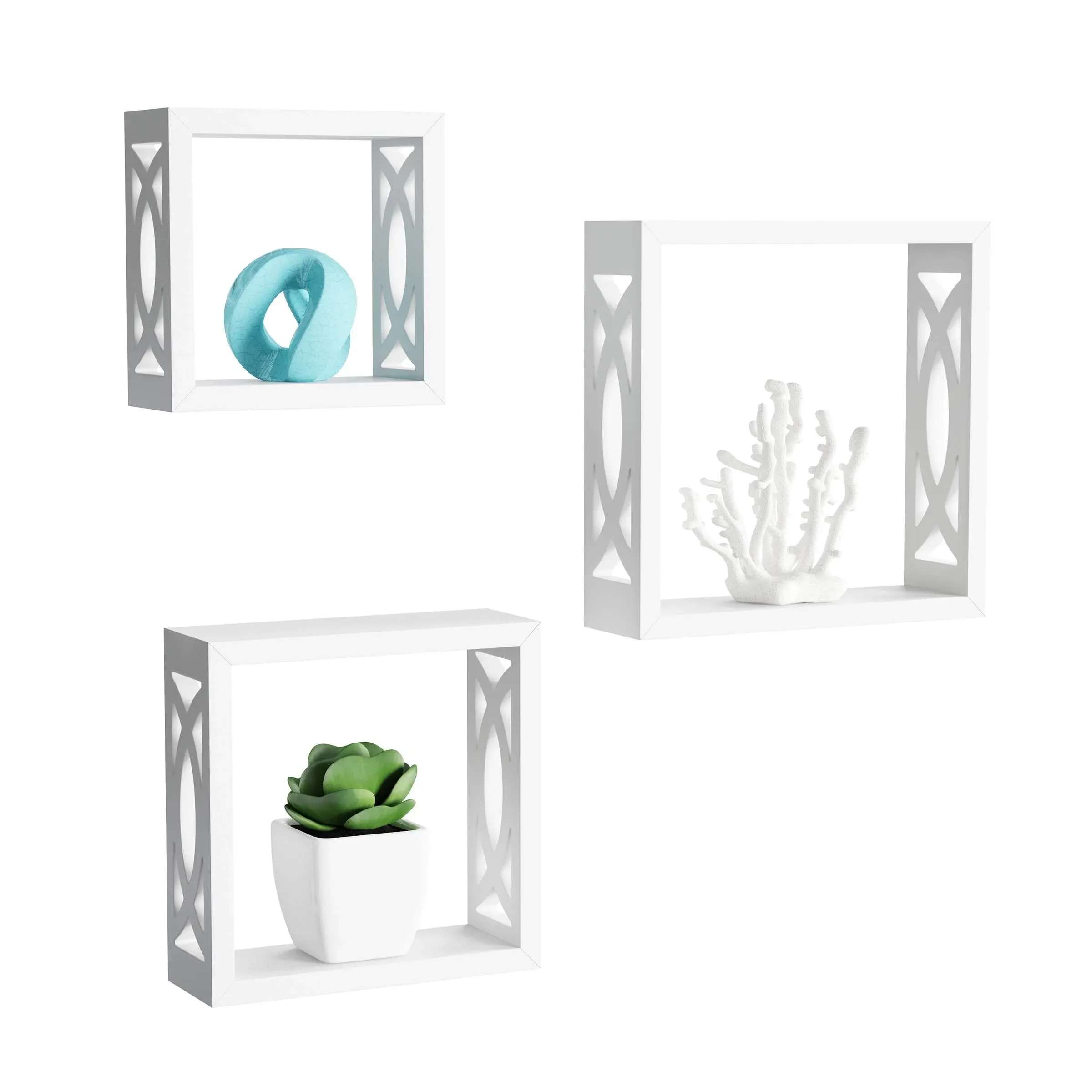 Lavish Home Floating Shelves- Open Cube Wall Shelf Set with Hidden Brackets, 3 Sizes to Display Décor, Photos, More- Hardware Included (White)