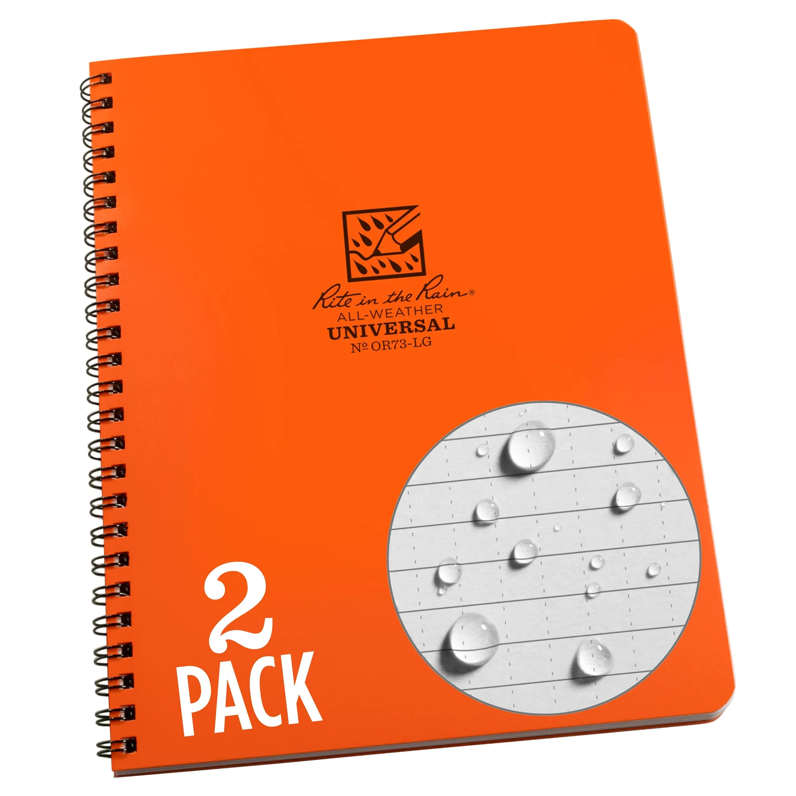 Rite in the Rain Weatherproof Side Spiral Notebook, 6.625" x 8.5", Orange Cover, Universal Pattern, 2 Pack (No. OR73-LGL2)