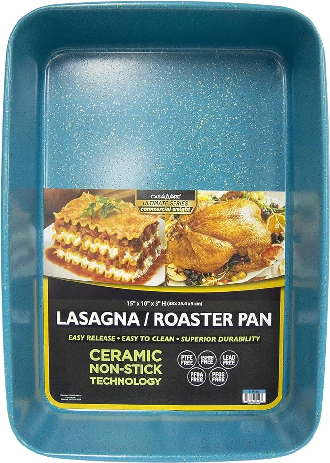 casaWare 15 x 10 x 3-Inch Ultimate Series Commercial Weight Ceramic Non-Stick Coated Lasagna/Roasting Pan- Blue