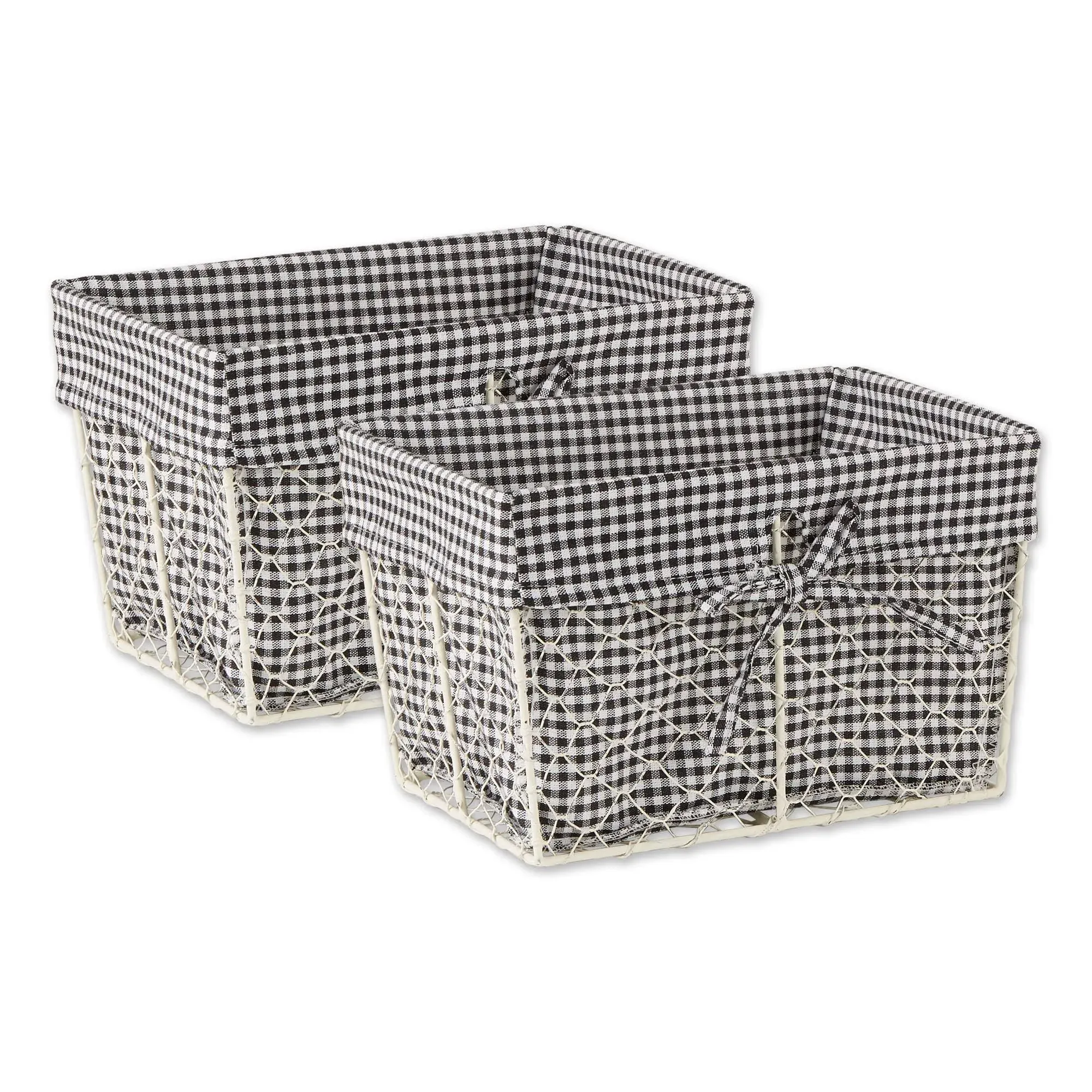 Medium Antique White Chicken Wire Black & White Check Liner Basket (Set of 2) - Farmhouse - Baskets - by Design Imports | Houzz