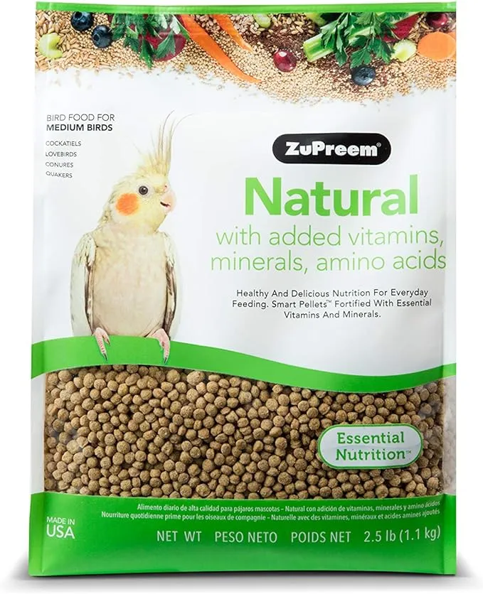 ZuPreem Natural Pellets Bird Food for Medium Birds, 2.5 lb (Pack of 2) - Daily Nutrition, Made in USA for Cockatiels, Quakers, Lovebirds, Small Conures