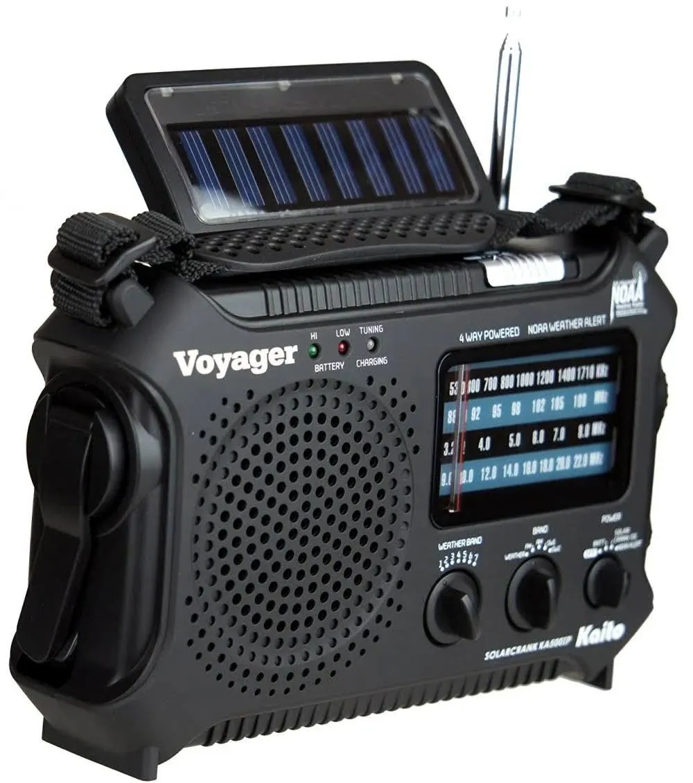 Kaito KA500IP-BLK Voyager Solar/Dynamo Am/fm/sw NOAA Weather Radio with Alert and Cell Phone Charger, Black