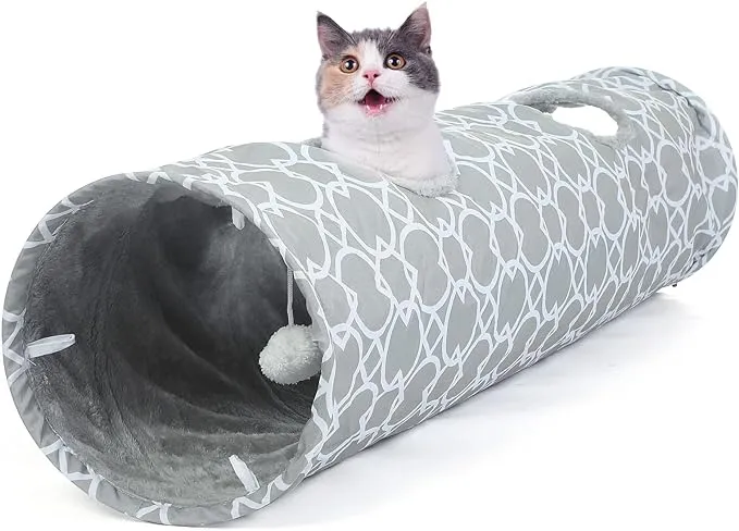 LUCKITTY Geometric Straight Cat Tunnel with Plush Inside,Cats Toys Collapsible Tunnel Tube with Balls, for Rabbits, Kittens, Ferrets,Puppy,Diameter 11.8 Inch