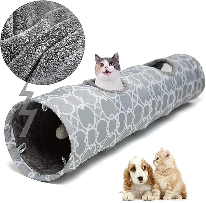 Geometric Straight Cat Tunnel with Plush Inside,Cats Toys Collapsible Tunnel ...