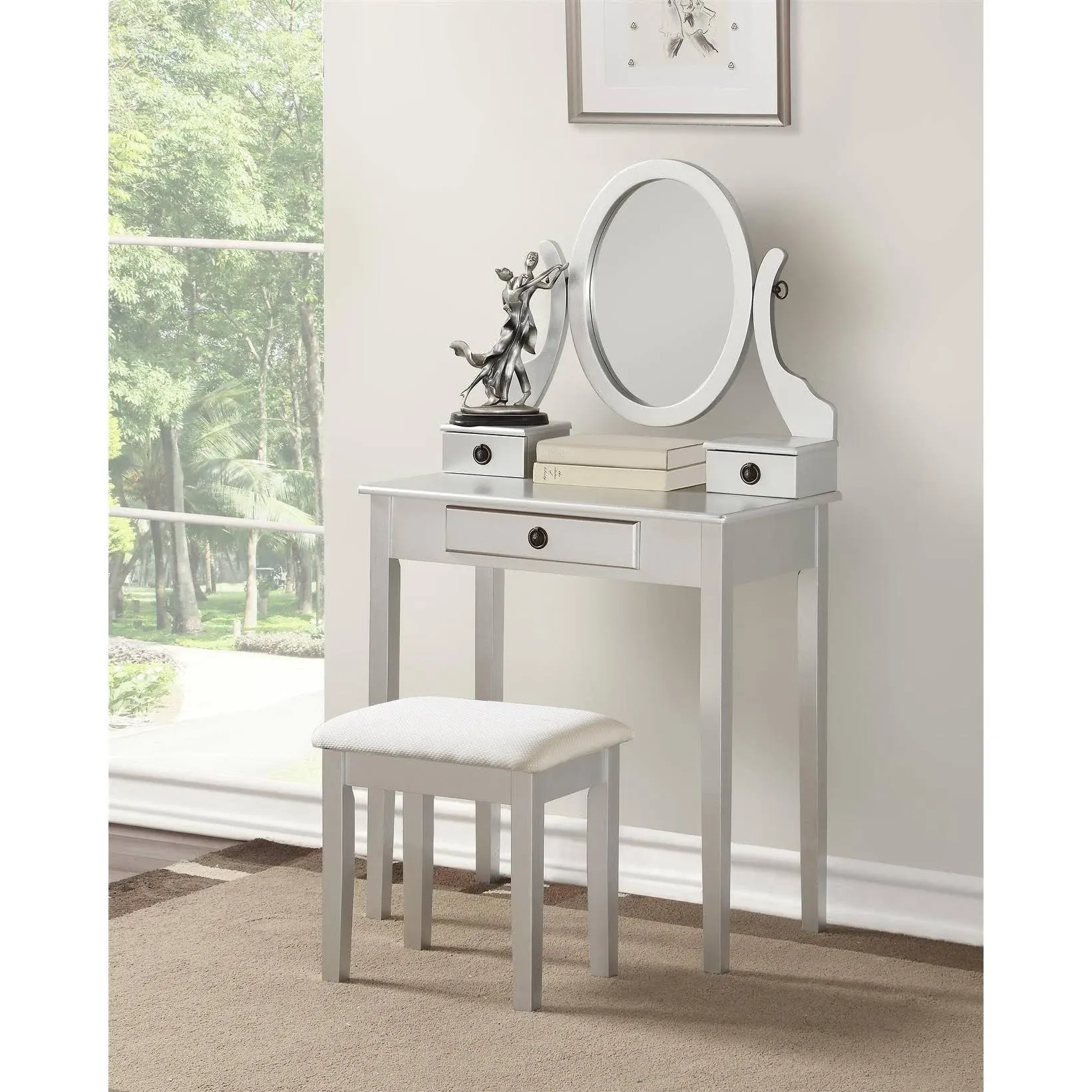 Moniys Wood Moniya Makeup Vanity Table and Stool Set, Silver