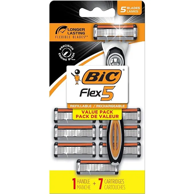 BIC Flex 5 Refillable Men's Razors, 1 Handle and 7 Cartridges With 5 Blades, 8 Piece