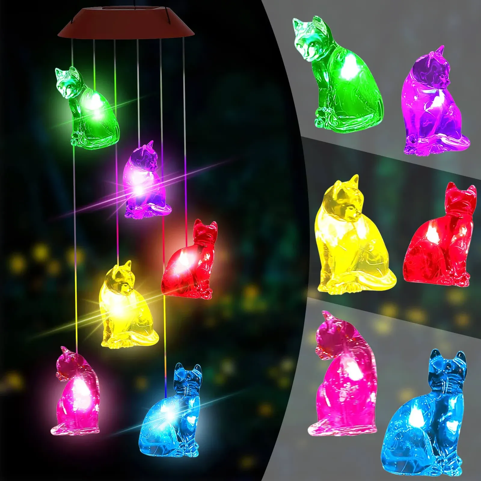 Spuspk Cat Solar Wind Chimes Light,Solar Cat Wind Chimes for Outside,cat Solar ...