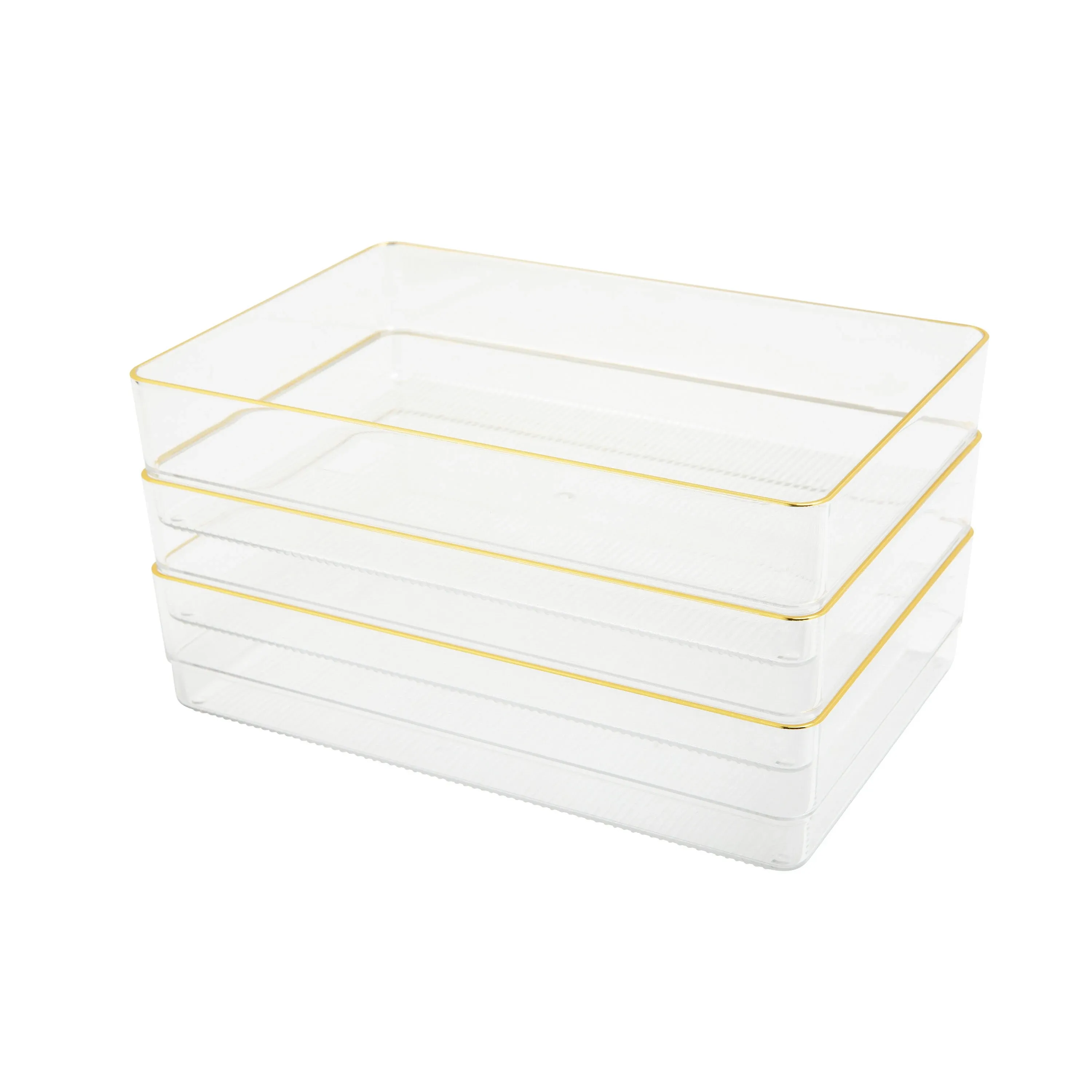 Martha Stewart Kerry Plastic Stackable Office Desk Drawer Organizers, 9" x 6", 3 Pack, with Gold Trim