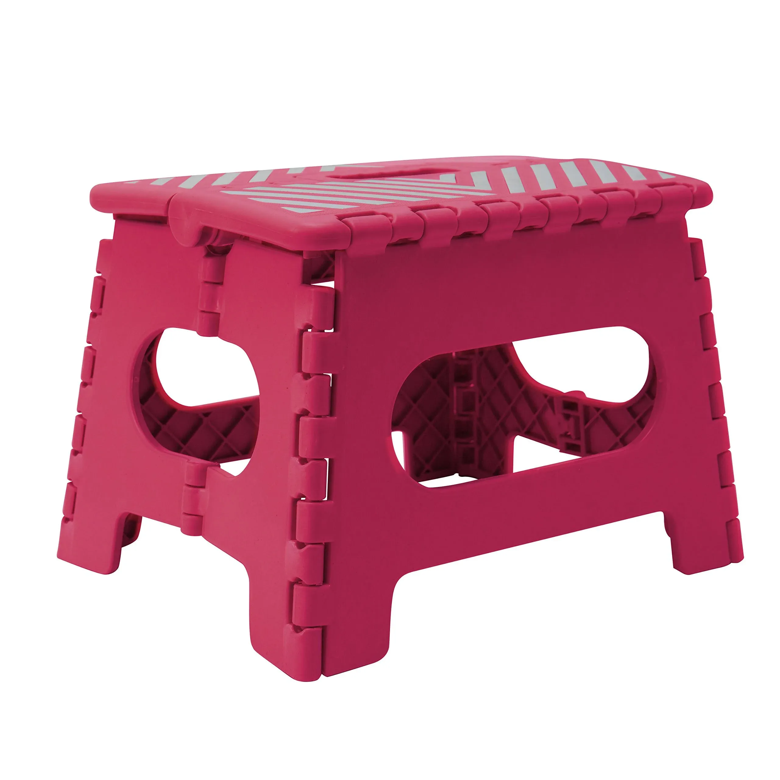 Plastic 9&#034; Stripe Top Single Step 1 Step Folding Step Stool, Pink