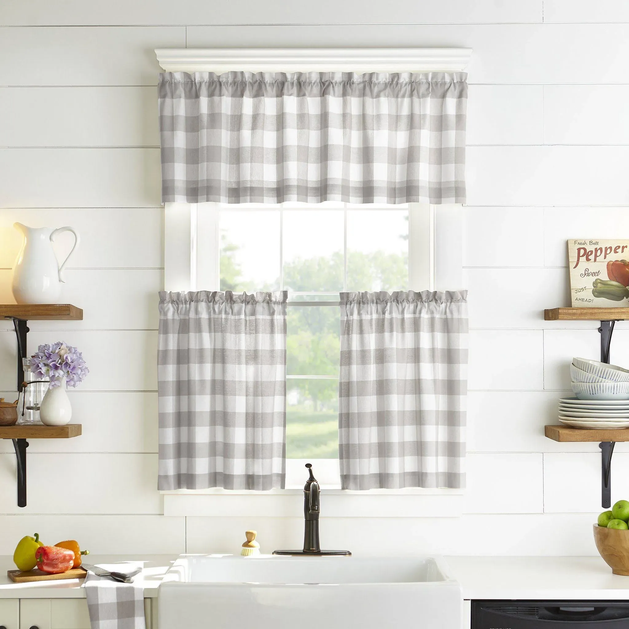 Farmhouse Living Buffalo Check Kitchen Tier Window Curtain Set of 2 - 30" x 24" - Gray/White - Elrene Home Fashions