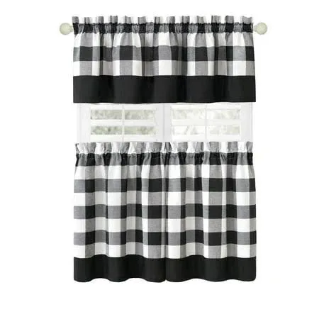 Kate Aurora Modern Country Farmhouse 3 Piece Plaid Checkered Cafe Kitchen Curtain Tier & Valance Set - 36 in - Black