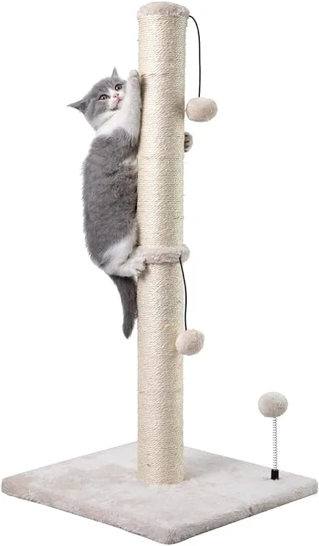 MECOOL 34” Tall Cat Scratching Post Premium Basics Kitten Scratcher Sisal Scratch Posts Trees with Hanging Ball for Indoor Cats (34 inches for Adult Cats, Beige)MECOOL 34” Tall Cat Scratching Post Premium Ba…