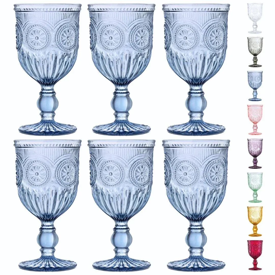 Yungala Vintage Blue Wine Glasses Set of 6 Blue Goblets, Glassware Colorful