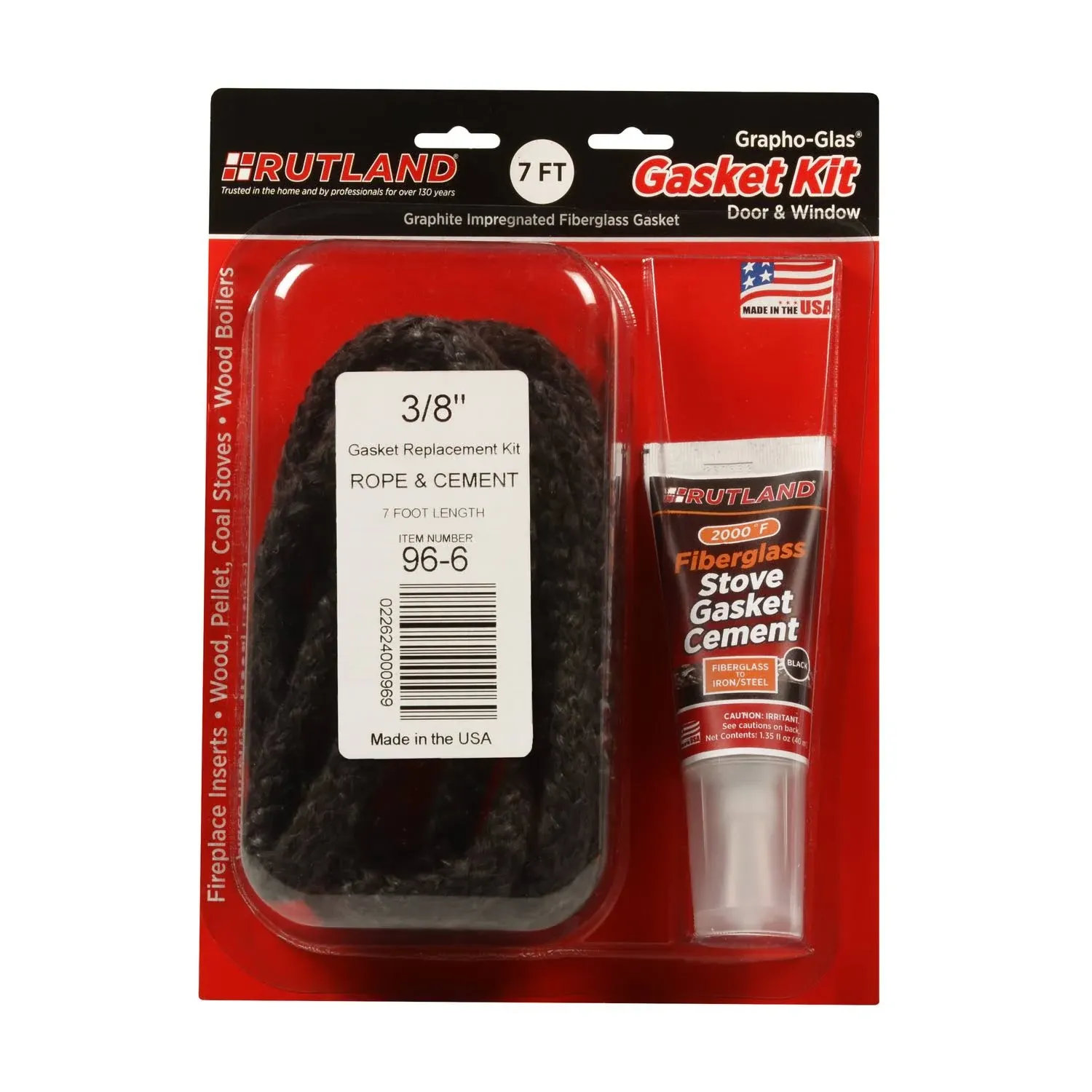 Rutland Grapho-Glas Stove Gasket Kit, 7' x 3/8" Rope