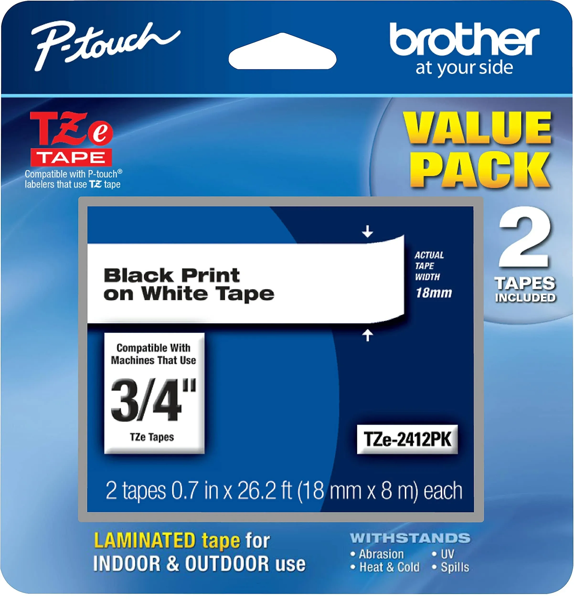 Brother TZe Standard Adhesive Laminated Labeling Tape Black On White 2/Pack