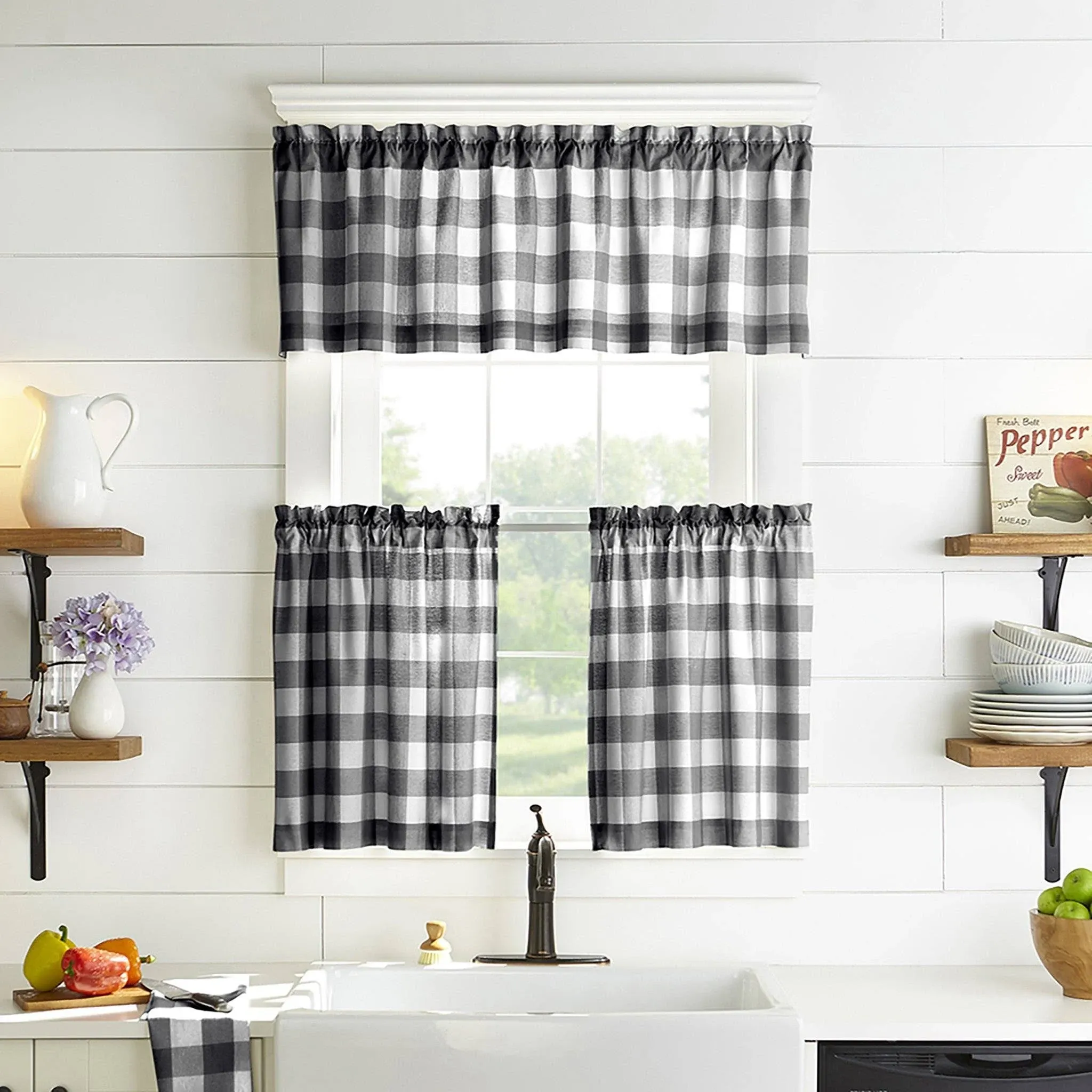 Elrene Farmhouse Living Buffalo Check 30" x 36" Window Tier Set, Black