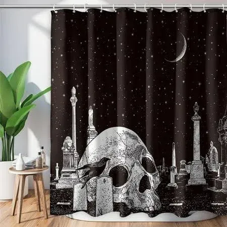 Mloabuc® Happy Halloween Shower Curtain 72x72inch Gothic Black White Sugar Skull Skeleton Witchy Shower Curtain Spooky Bathroom Set Moon Crow Bathtub Accessoriess Decor, Sets with 12 Hooks