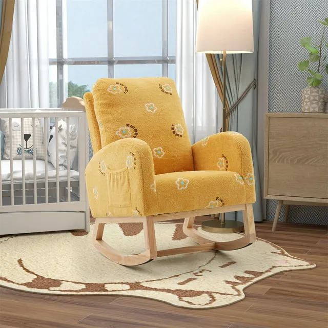 Rocking Chair for Nursery  Modern Upholstered Rocker Chair with High Back and Side Storage Pocket  Comfy Leisure Accent Armchair for Bedroom  Living Room and Balcony  Mustard