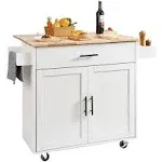 VEVOR Kitchen Island Cart with Solid Wood Top, 35.4" Width Mobile Carts with Storage Cabinet, Rolling Kitchen Table with Spice Rack, Towel Rack, and Drawer, Portable Islands on Wheels, White