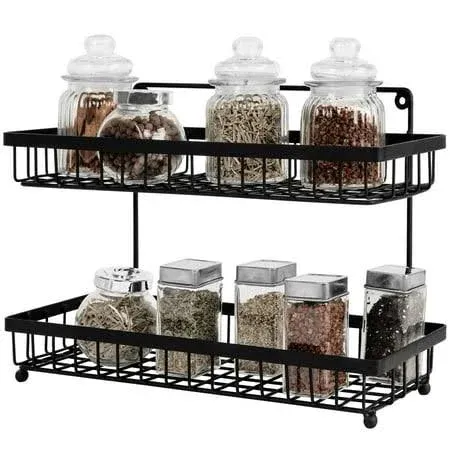 MyGift 2 Tier Metal Wire Wall Mountable Spice Rack, Black