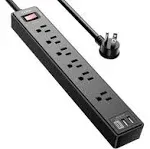 6 Ft Surge Protector Power Strip - 8 Outlets &amp; 4 USB Ports, Flat Plug Wall Mount