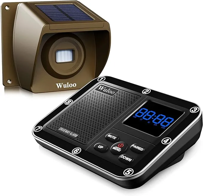 Solar Driveway Alarm Wireless Outside 1800ft Range, Outdoor Motion Sensor & Detector Driveway Alert System with Rechargeable Battery/Weatherproof/Mute Mode(1&1-Brown)