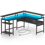 Rolanstar Computer Desk 56.7" with LED Lights and Power Outlets, Carbon Fiber Surface, Reversible L Shaped Gaming Desk with Monitor Stand, Office Desk with Storage, Desk with USB Port and Hook