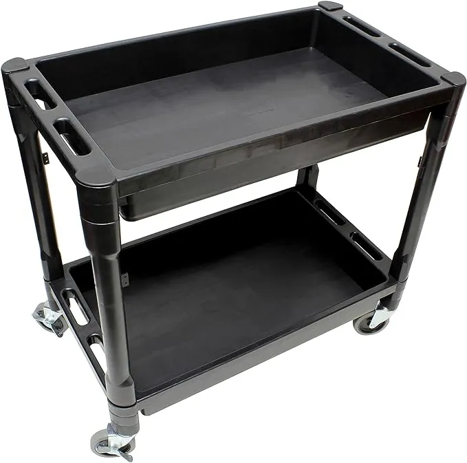 BISupply Plastic Utility Cart on Wheels 1 Pack - 2 Shelf Rolling Commercial Work Cart for Garage, Restaurant, or Classroom