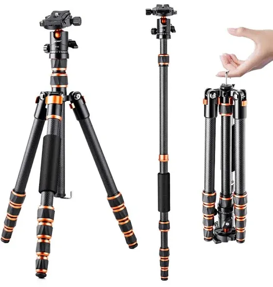 K&F Concept 60 inch Carbon Fiber Camera Tripod,Super Lightweight Compact Travel Tripod with 360 Degree Ball Head,Quick Release Plate,Detachable Monopod 8KG Load Capacity for SLR DSLR C225C0 (BA225)