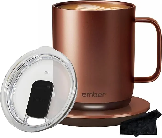 Ember Temperature Control Smart Mug 2, 14 oz, Copper, 80 min Battery Life | App Controlled Heated Coffee Mug | Improved Design with Clear Splash-Proof Sliding Lid and Signature Series Cloth