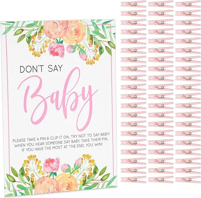 Sparkle and Bash Floral Baby Shower Clothespin Game For Girl, Don't Say Baby Theme with 60 Pink Clothes Pins and 8x10-Inch Sign