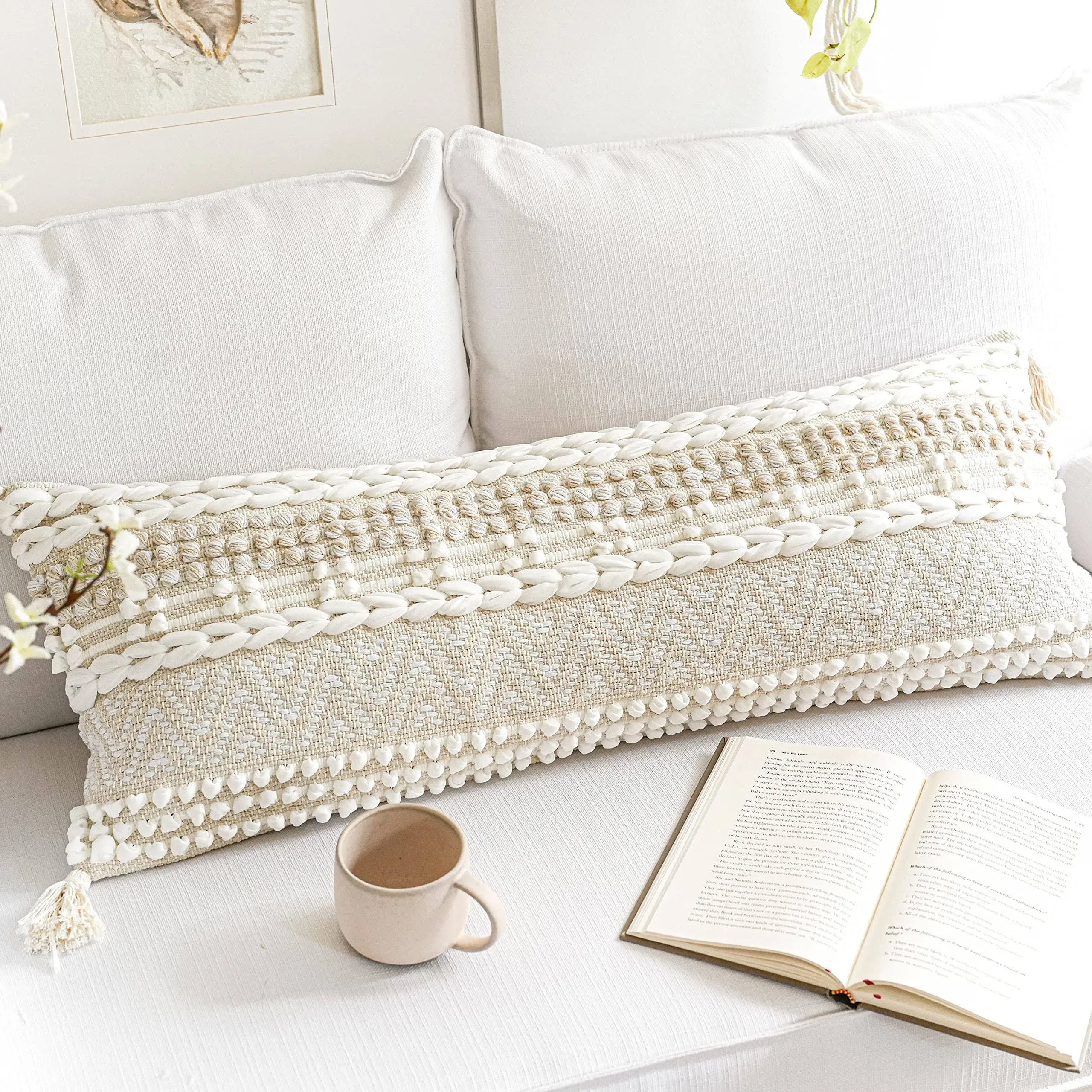 Cream Decorative Lumbar Throw Pillow Cover 14x36 Boho Long Cushion for Bed Neutral Beige White Accent Modern Farmhouse Pillowcase for Bedroom Living Room Couch Sofa Home Décor Cover ONLY