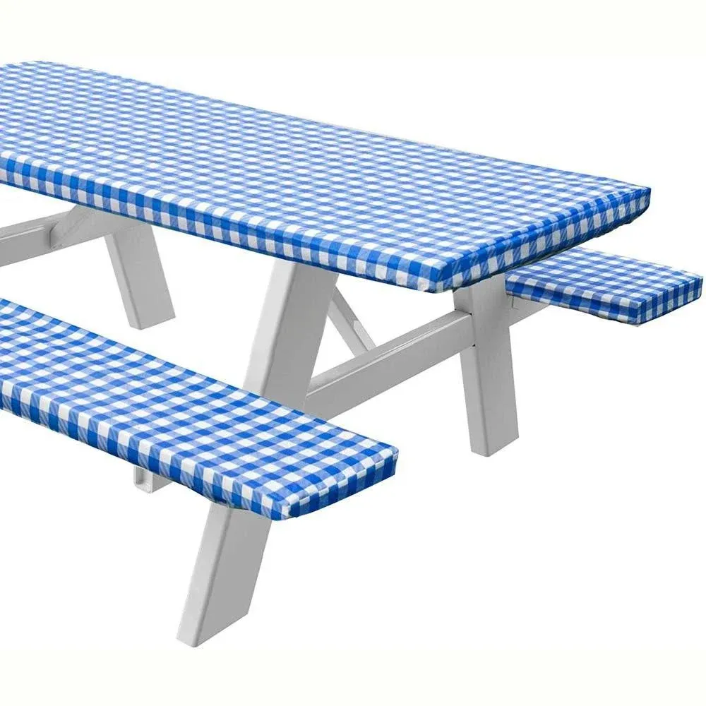 Sorfey Vinyl Picnic Table and Bench Fitted Tablecloth Cover, Checkered Design, Flannel Backed lining, 30 x 72 inch, 3-Piece Set, Blue