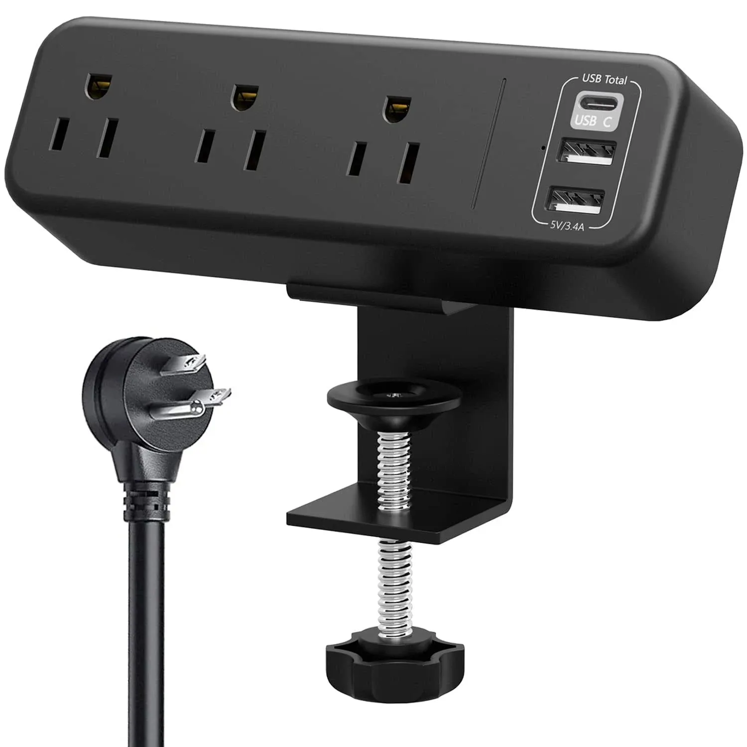 3 Outlet Desk Clamp Power Strip with USB C, Black Flat Plug Desktop Edge Clamp Power Socket Connect 6.5 ft Thin Extension Cord for 1.6 inch Tables