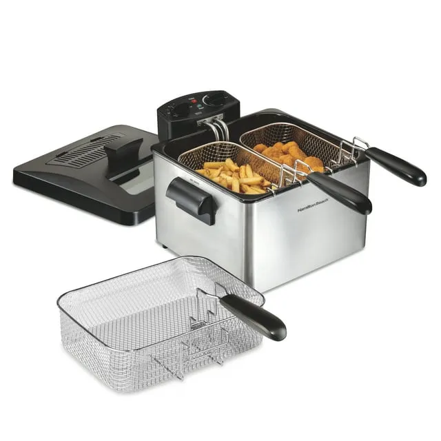 Hamilton Beach Professional-Style Deep Fryer with 3 Frying Baskets, 4.7 Quart or 19 Cup Oil Capacity, Lid with View Window, Stainless Steel, 35034