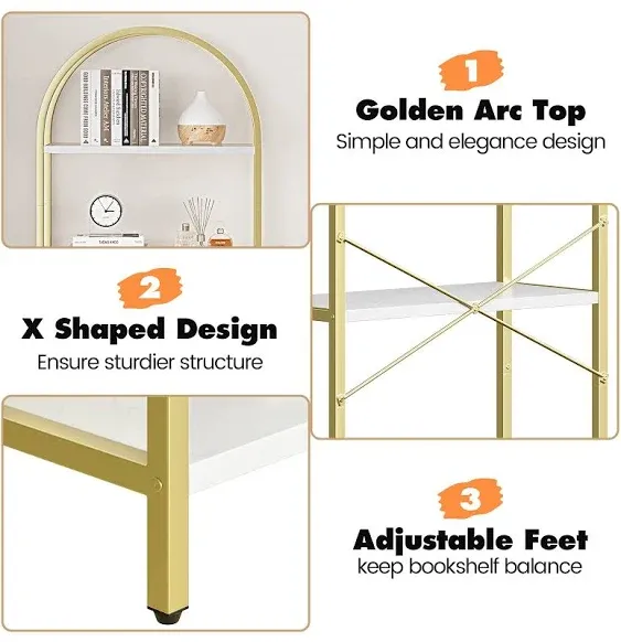 IDEALHOUSE Bookshelf 5 Tier Bookcase Arched Display Racks Tall Standing Bookshelves Metal Frame Modern Storage Rack Shelf Large Wood Book Shelf for Bedroom, Living Room, Home Office, White/Gold