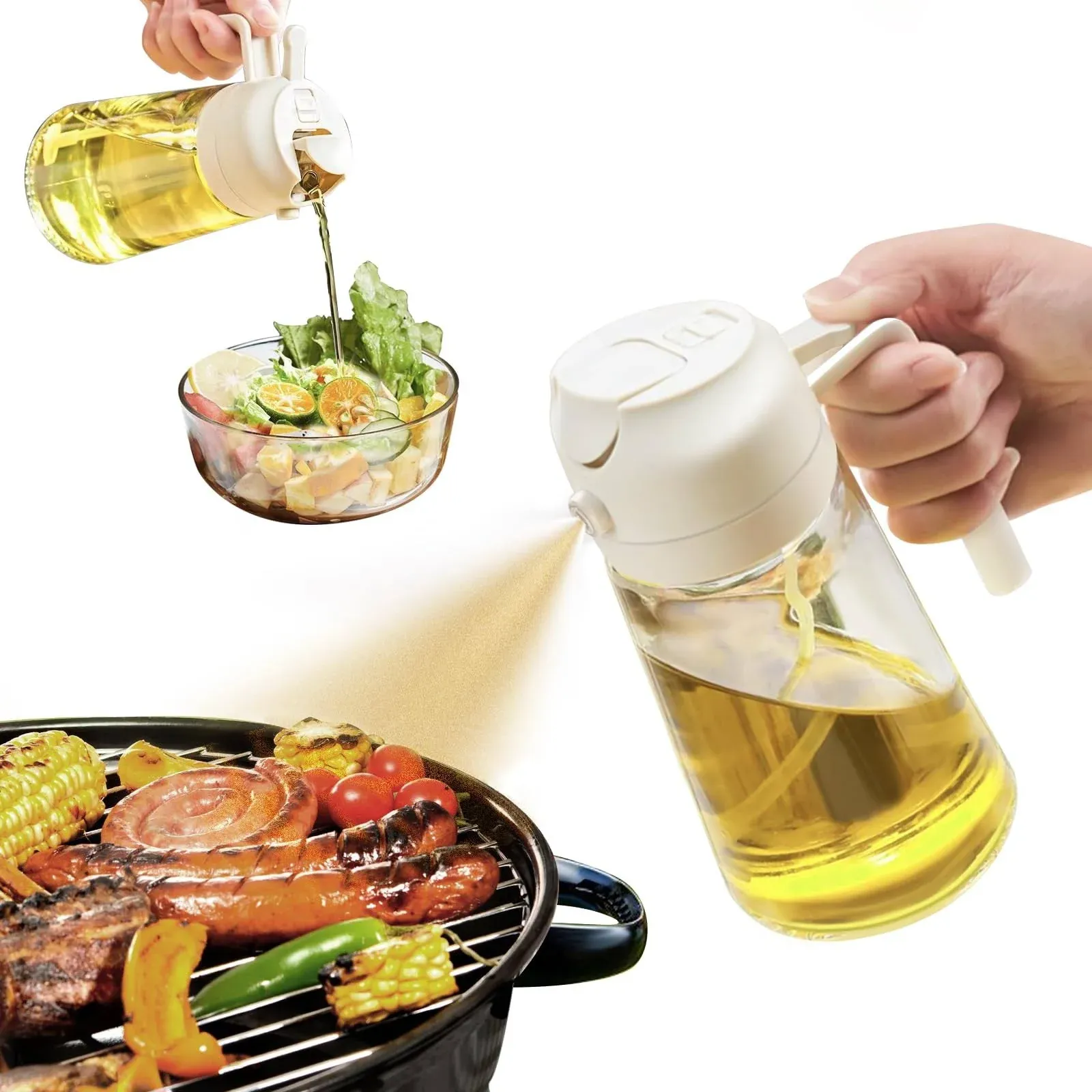 YARRAMATE Oil Sprayer for Cooking, 2 in 1 Olive Oil Dispenser Bottle for Kitchen, 16oz/470ml Premium Glass Oil Bottle, Food-grade Oil Mister for Air Fryer, Salad, Frying, BBQ (Crea