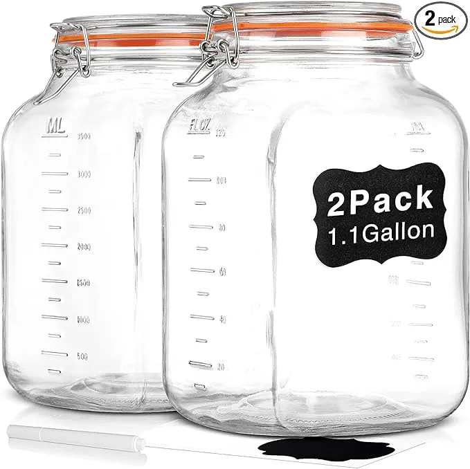 Qianfenie [UPGRADE] 2 Pack Square Super Wide Mouth Airtight Glass Storage Jars with Lids, 1.1 Gallon Glass Jars with 2 Measurement Marks, Canning Jars with