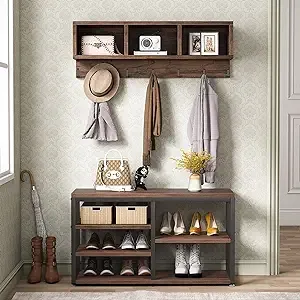 Tribesigns Industrial [Shoe] [Rack] [Bench] with Coat [Rack] Set with Hall Tree, 3 Storage Cubbies, 7 Hooks for Entryway, Hallway, 5-in-1Design, Rustic Brown