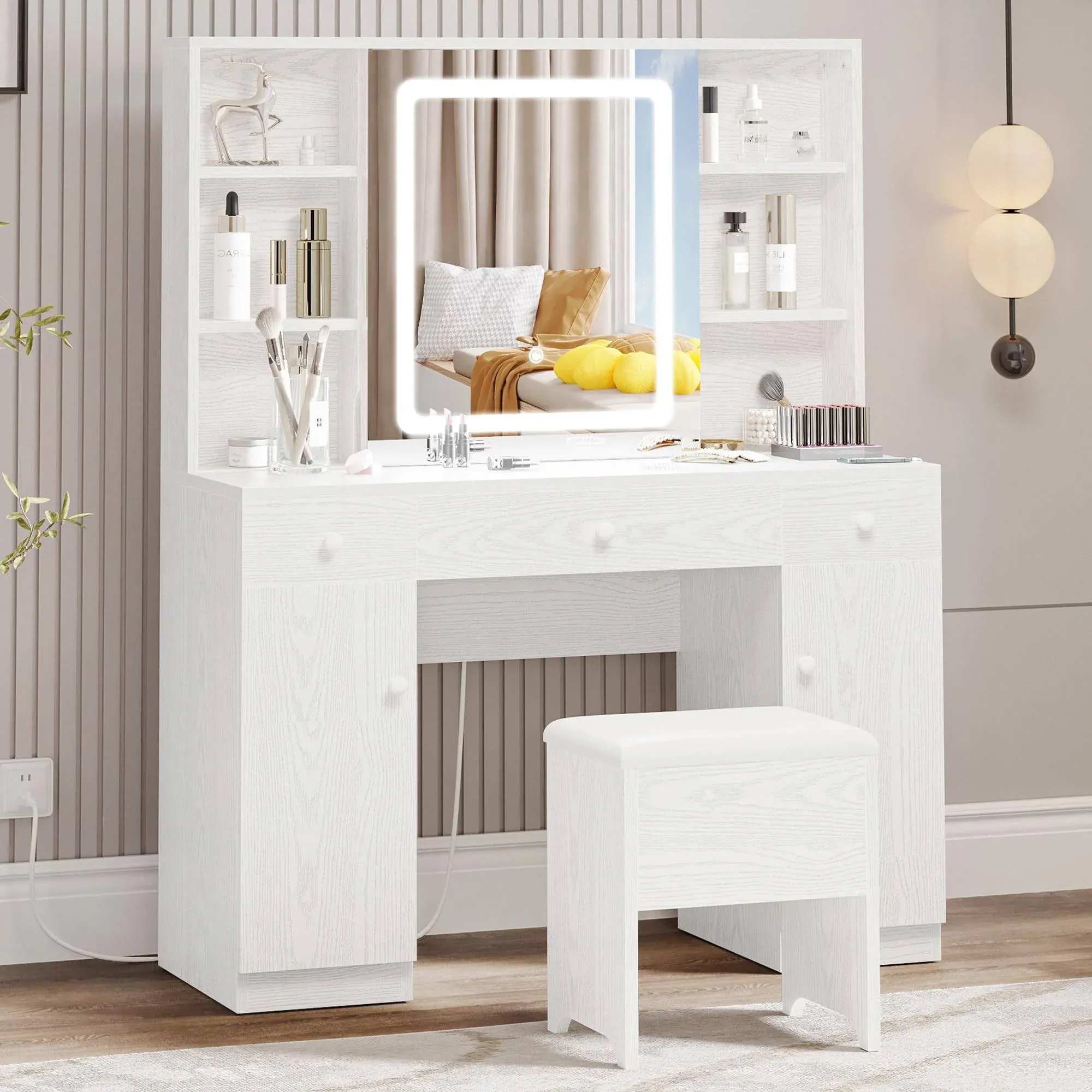 IRONCK Vanity Desk Set with Large LED Lighted Mirror & Power Outlet, 7 Drawers ...