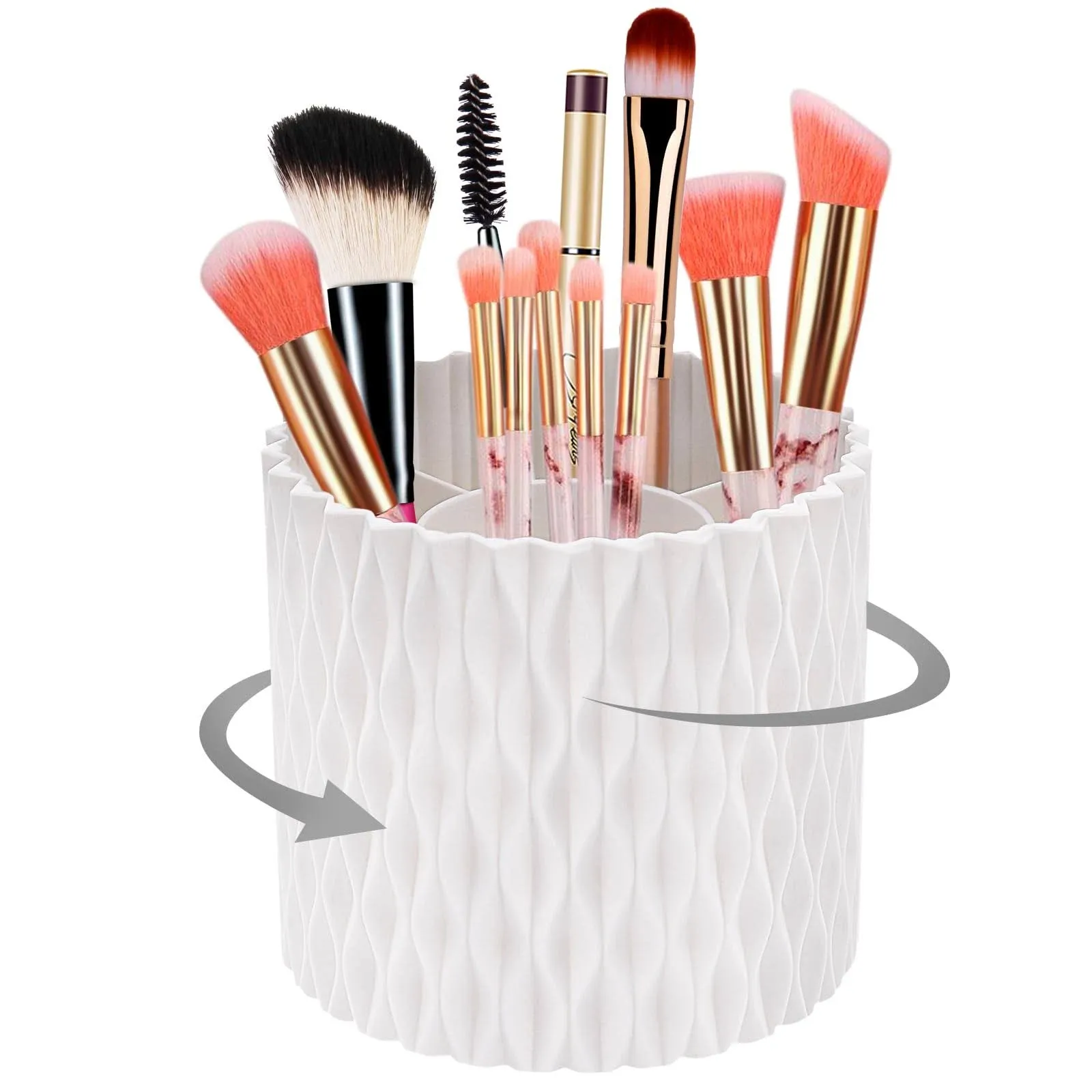 Makeup Brush Holder 360° Rotating Organizer 5 Slot Cosmetic Storage Makeup Brushes Cup Pen Holder for Vanity, Desk,Bathroom Countertops,Nordic Style Waterproof Cosmetic Display Cases (White)