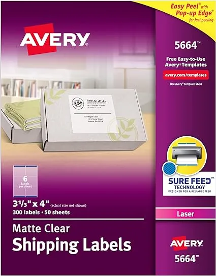 Matte Clear Easy Peel Mailing Labels w/ Sure Feed Technology, Laser Printers, 3.33 x 4, Clear, 6/Sheet, 50 Sheets/Box