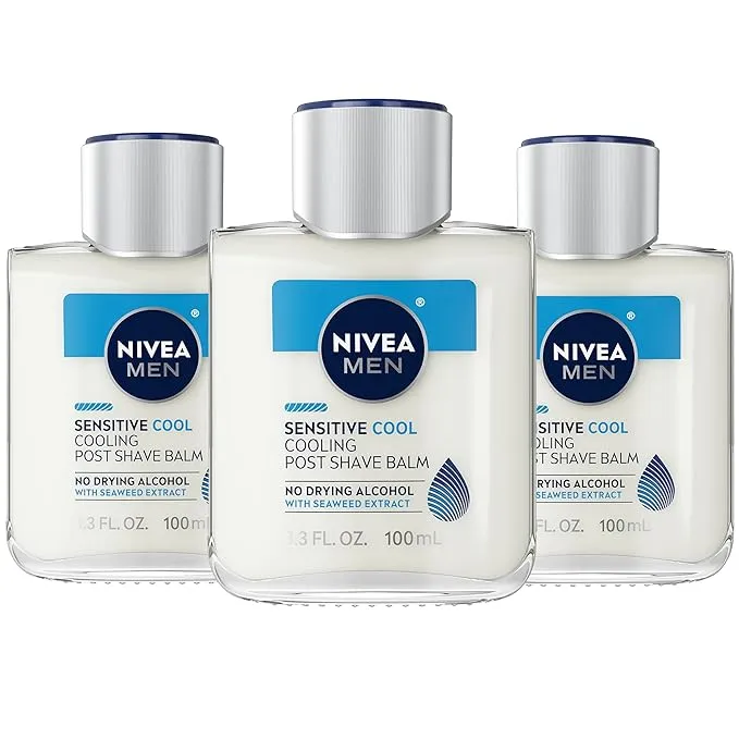 Nivea Men Sensitive Cooling Post Shave Balm with Vitamin E, Chamomile and Seaweed Extracts, 3 Pack of 3.3 Fl Oz Bottles