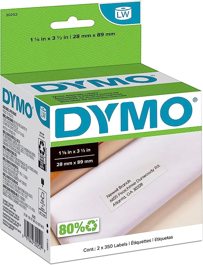 DYMO 30252 LW Mailing Address Labels for LabelWriter Label Printers, White, 1-1/8'' x 3-1/2'', 2 Rolls of 350