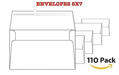 5x7 Envelopes for Invitations - 110 White Envelopes for 5x7 Cards - A7 - (5 ¼ x 7 ¼ inches) - Perfect for Weddings, Graduation, Baby Shower - 120 GSM - Peel, Press & Self Seal - Square Flap