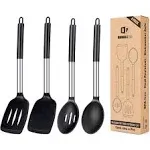 Pack of 4 Silicone Cooking Utensils Set, Non Stick Large Solid Spatulas, Heat Resistant Black Slotted Spoons, Ideal BPA Free Kitchen Turners for Frying, Mixing,Serving,Draining,Turning,Stirring