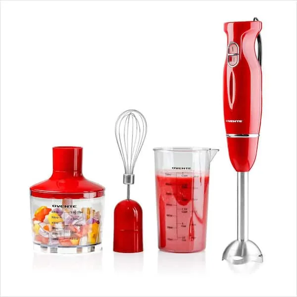 OVENTE Immersion Electric Hand Blender 300 Watt Power 2 Mix Speed with Stainless Steel Blades, Handheld Stick Mixer Set with Egg Whisk Attachment Mixing Beaker and BPA-Free Food Chopper, Red HS565R